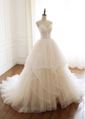 Tie Straps Lace Tulle Cascading Ruffles Classy Wedding Dress
